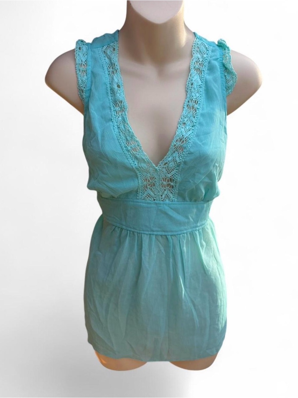 Y2K aqua fairycore babydoll tank crochet lace sheer top L NWT Coquette Whimsy